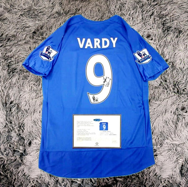 Jamie Vardy SIGNED Leicester City 15/16 Winners Home Jersey/Shirt - COA - 2016 Retro Hover Image