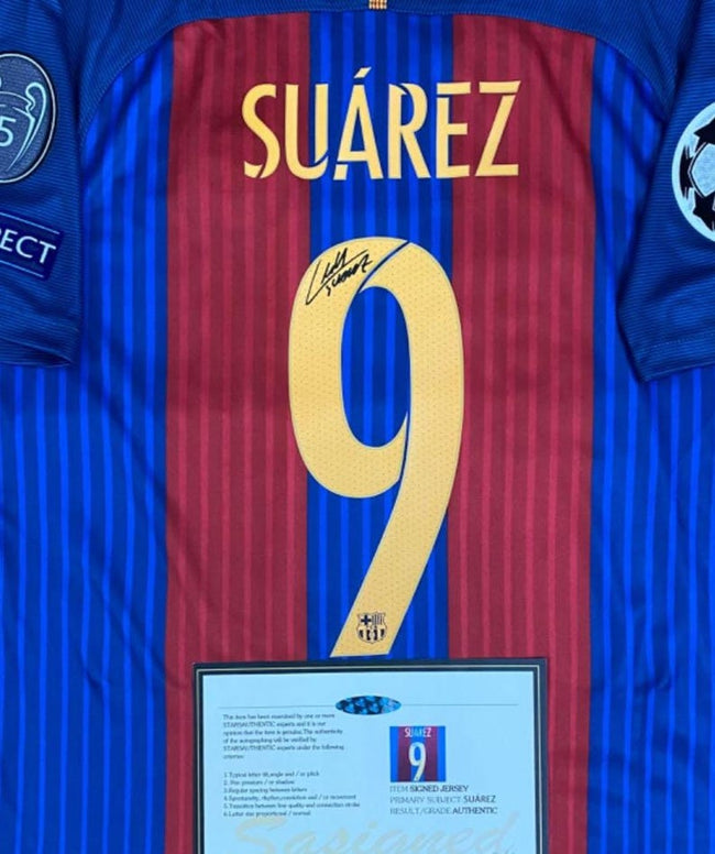 Luis Suarez SIGNED Barcelona 16/17 Home UCL Jersey/Shirt - COA - Retro Main Image