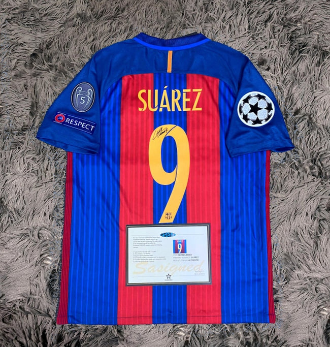 Luis Suarez SIGNED Barcelona 16/17 Home UCL Jersey/Shirt - COA - Retro Hover Image